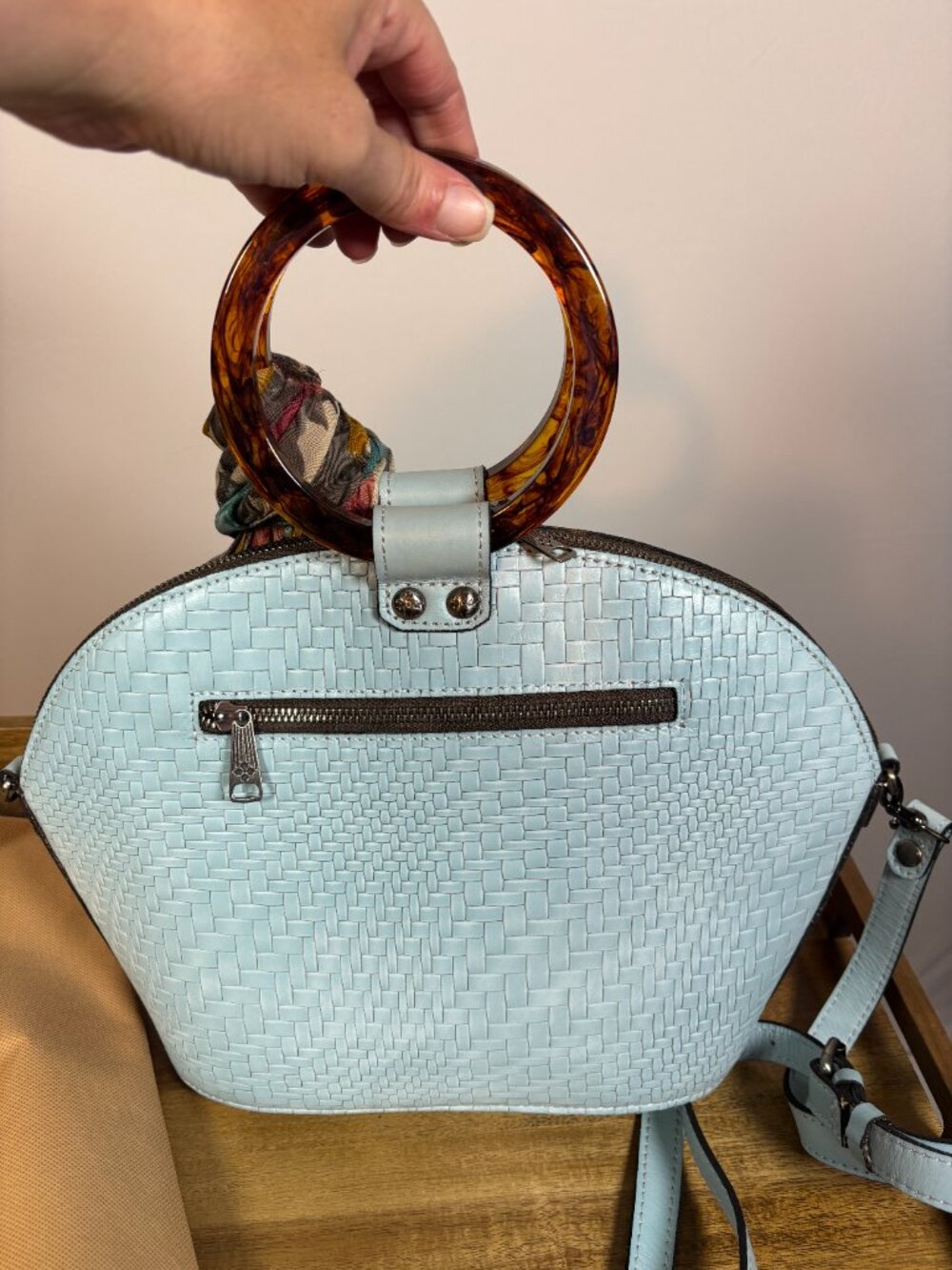 Patricia Nash Meldola Light Blue Leather Dome Satchel w/ Scarf - Picture 5 of 11